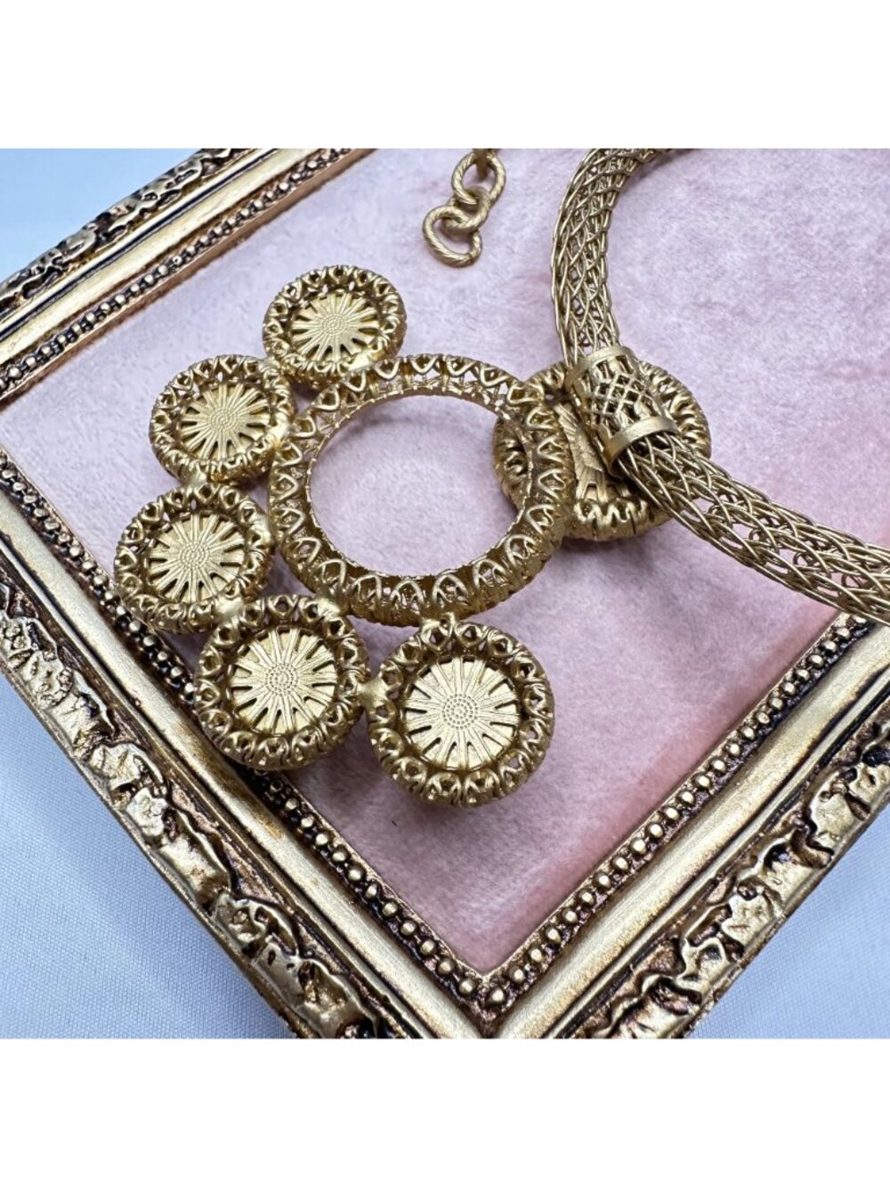 Sarah Cavender Metalworks Gold Mesh Necklace Blue Chandelier Pendant Statement - Picture 10 of 14